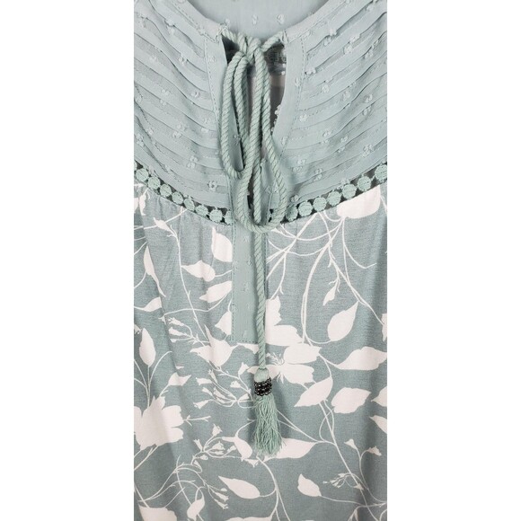 Daniel Rainn Blouse Top L Green White Floral Boho Tassel Tie Dainty Feminine - Picture 4 of 10